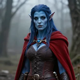 a female tiefling with blue skin, and a red cloak