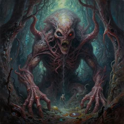 a mysterious ominous creepy massive superorganism lurking underground, oil on canvas, gothic style, bright, horror art, wide angle, surrealism, dystopian, body horror, cultlike, detailed