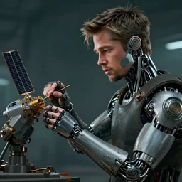 a young engineer that looks like brad pitt and colin farrell with cybernetic enhancements working assembling a satellite, smooth skin, scifi character portrait by greg rutkowski, esuthio, craig mullins, 1 / 4 headshot, cinematic lighting, dystopian scifi gear, gloomy, profile picture, mechanical, half robot, implants, steampunk