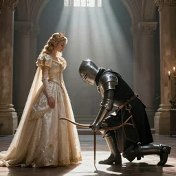 A knight bowing down to the princess, photorealistic, god rays,