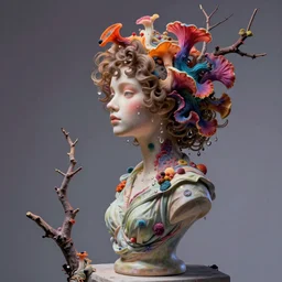 flume and former cover art future bass girl un wrapped statue bust curls of hair petite lush side view body droplets photography model full body untouched art contrast vibrant branches futuristic fabric only skin fungi material style of Jonathan Zawada, Thisset colours simple background objective detail