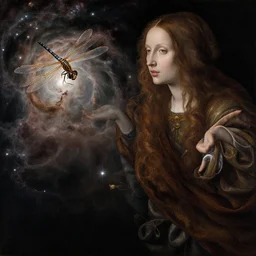 a closeup portrait of a cloaked woman floating next to a dragonfly nebula, dragonfly nebula, by jan van eyck