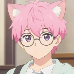 an anime cat boy with pink hair and circle glasses in pastel colours