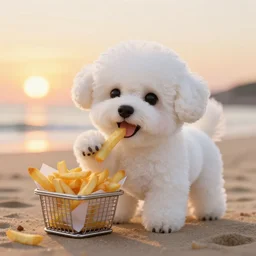 a photorealistic photograph of a smiling knitted white bichon puppy eating basket of french fries during sunset at the beach Trending on artstation, featured on Behance, well-rendered, Unreal Engine, 4K HD