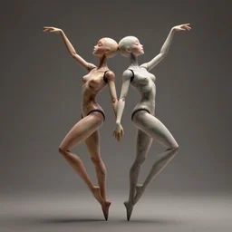 Two elegant humanoid creatures, back to back, fused at the shoulders dancing on their pointy limbs. Award-winning digital art, trending on ArtStation
