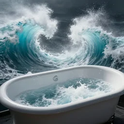 an ocean with big waves inside a bathtub, digital painting, high contrast, unreal engine render, volumetric lighting, high détail
