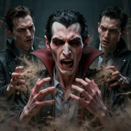hyperrealistic mixed media image of vampire in pain transforming into dust, stunning 3 d render inspired art by greg rutkowski and xiang duan and thomas eakes, perfect facial symmetry, flesh texture, realistic, highly detailed attributes and atmosphere, dim volumetric cinematic lighting, 8 k octane detailed render, post - processing, masterpiece,