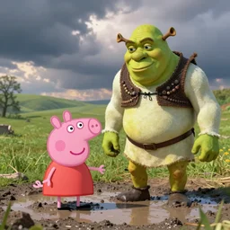 Peppa Pig muddy puddles Shrek realistic photography photoillustration DSLR