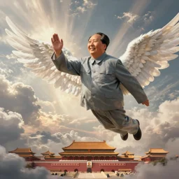 Mao Zedong flying through the air over Beijing with angel wings