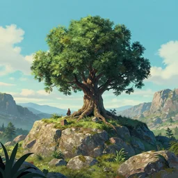 dwarven tree in the rocky hills, Low level, rendered by Beeple, Makoto Shinkai, syd meade, simon stålenhag, synthwave style, digital art, unreal engine, WLOP, trending on artstation, 4K UHD image, octane render,