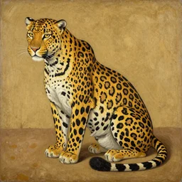 a painting of a leopard sitting on the ground, an illustration of by charles maurice detmold, deviantart, qajar art, photoillustration, grotesque, full body