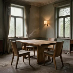 pierre chapo style oak table with chairs in a tadao ando style interior with a serge mouille style wall lamp, in an old 3 0's abandoned rich manor, light through dusty broken windows, old curtains, dusty floor, dirts on the floor, wind, hyperdetailed, artstation, cgsociety, 8 k