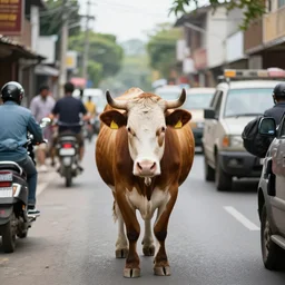 a cow in the middle of a busy street, 8k, realistic