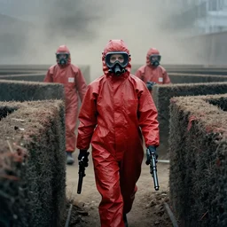 cinestill 5 0 d photographic portrait by helen levitt of dark red hazmat scientists with guns walking through a brutalist hedge maze, extreme closeup, cinematic, modern cyberpunk, dust storm, 8 k, hd, high resolution, 3 5 mm, f / 3 2, tenet