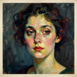 1920s german expressionism by Igor Scherbakov, moody, an extreme close-up abstract portrait of a lady enshrouded in an impressionist representation of the meaning of life, abstract, art by Jack Gaughan, figure painting by Anthony Cudahy, vintage postcard illustration, minimalist cover art by Mitchell Hooks