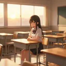 asian girl in empty classroom with chairs and desks, sunset, warm atmoshpere, anime wallpaper, high details, light rays through window, shadows from window light on empty seats and desks, warm light, cute girl, by samdoesarts