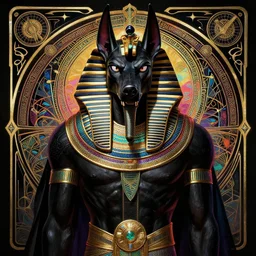 angry god anubis, growling jackal with egyptian headdress and nemes, ornate art nouveau detail, black and neon palette, symmetry, fantasy, intricate, elegant, highly detailed, colorful, dark colors, dramatic shadow, digital painting, artstation, concept art, art by artgerm and greg rutkowski and ruan jia,
