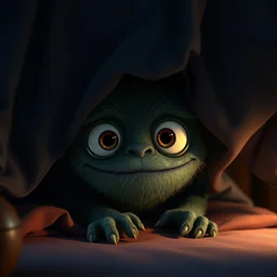 under the bed a big monster hides, cute, furry, big eyes, dark, dramatic lighting, pixar bedroom scene, cinematic, highly detailed