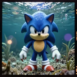 ektachrome medium format provia film still of a sonic the hedgehog blue swamp creature with fangs and claws, warped VHS, anomorphic lens flare, creepypasta, 1986