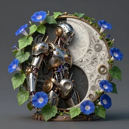a beautiful intricate fine art portrait photo of a  mechanical industrial steampunk cybernetic yin yang symbol, overgrown with morning glory flowers, montsera leaves by tom bagshaw and zach sutton, golden ratio composition,  studio lighting, 50mm lens, very detailed, bionic, cybernetic scifi, deep depth of field, artstation, 8K, highly coherent