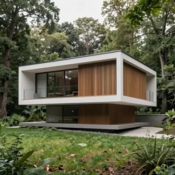architecture ad for a mid-century modern house in the middle of the forrest, designed by Kengo Kuma. Film grain, cinematic, yellow hue