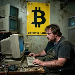 typical cryptocurrency nerd, sitting in front of old 9 0's computer, prominent yellow bitcoin poster on wall, shilling, crt tubes, cables everywhere, damp basement decay fat and dirty, scruffy looking, claustrophobia, humidity mold, award - winning photomanipulation