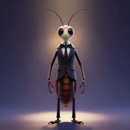 full body shot of a thin anthropomorphic cockroach wearing a suit with a tie, with long antennae, best of artstation, backlighting, 8k, hyper detail illustration, symmetrical, correct proportions, 3d render, by tim burton