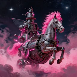 space, a horse - drawn, a mechanical horse with a pink mohawk drives a pirate spaceship, punk, hyperdetailed illustration, stars, pink, neon, oil painting, rich deep colors masterpiece, pirate neon ship, ultra detailed, contrast, heaven pink, clouds, volumetric light, atmospheric lighting, dramatic, cinematic, moody, octane render 4 k, 8 k