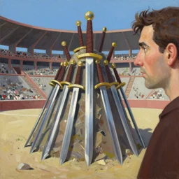greg manchess painting of a mountain of swords in the middle of an arena, profile picture, organic painting, sunny day, matte painting, bold shapes, hard edges, street art, trending on artstation, by huang guangjian, gil elvgren, ruan jia, randy vargas, greg rutkowski