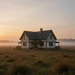 house in style tudor on grassland, sunset, very wide view, atmospheric, hyper realistic, fog, photography, 8k, epic composition, cinematic, unreal engine, artstation
