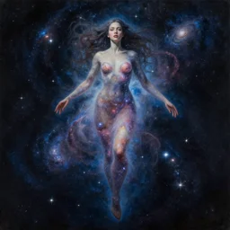 a giant woman floating among the stars. she is made of galaxies and nebula and a million sparkling stars. dramatic light and dark. beautiful well composed painting with detailed face by ilya kuvshinov and artgerm and greg rutkowski.