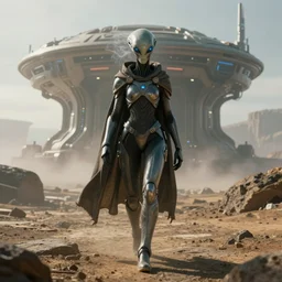an alien with glowing smokey eyes wearing sleek but simple body armor with glowing parts and cloth shawl walks towards a technological outpost on a vast alien landscape, dramatic lighting, thought provoking, light fog, 8 k cg render, trending on artstation