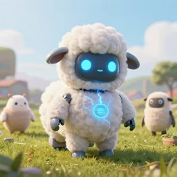 wide - shot of adorable electric cute fluffy robot ram!! in a field!!, glowing diods, electricity, greg simkins, jean luc!!, android jones, rutkowsky, matte painting, steam lighting, render, hyperrealistic, highly detailed, accurate