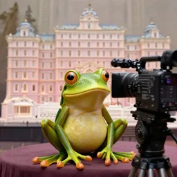 Pepe frog in The Grand Budapest Hotel 2014 movie, hyper realism, studio camera. 35mm lens