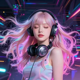 beautiful portrait of a woman with pastel long hair floating in the air with her eyes closed facing the camera centered with studio headphones on in the style of a code vein character, momo from twice in code vein in the style of WLOP, artgerm, yasutomo oka, rendered in unreal engine and redshift octane , background is surrounded by epic neon glitch effect digital art dynamic dramatic lighting, soft lighting, imagine fx, artstation, cgsociety, by Bandai Namco artist,