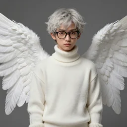 portrait of a scholar angel, fantasy, turtleneck sweater, white, cute, shy, glasses, medium shot, illustration, highly detailed, high quality, by tom bagshaw and luis royo,