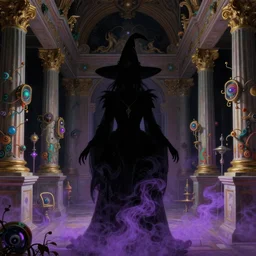 a silhouette of a supernatural witch in baroque neoclassicist halls overgrown with colorful otherworldly technology. close - up view, detailed textures. glowing purple fog, dark black background. highly detailed fantasy science fiction painting by moebius, norman rockwell, frank frazetta, and syd mead. rich colors, high contrast