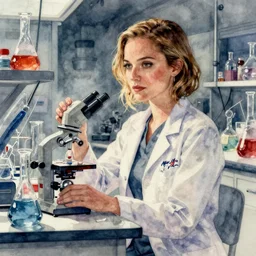 cyberpunk chemistry laboratory, natalie portman scientist, intricate watercolor painting by greg rutkowski, trending on pixiv
