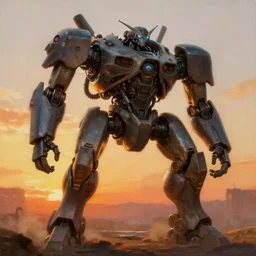 epic painting of a realistic four - legged battle robot, sunset, subject in center of frame, detailed science fiction artwork, trending on artstation