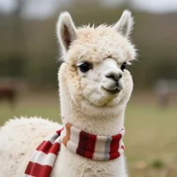 photoreal art of a fluffy alpaca wearing a striped scarf, trending on ArtStation