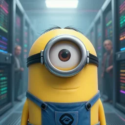 minion extremely detailed cinematic movie still 3 0 7 7 foggy portrait closeup shot of a minion in an endless data centre by denis villeneuve, wayne barlowe, simon birch, marc simonetti, philippe druillet, beeple, bright volumetric sunlight from small windows, rich moody colors, closeup minion with one eye