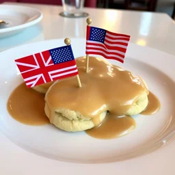 cookies covered with gravy, served with a tiny u. k. flag at a restaurant.