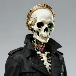 skeleton ; black eyes green accent ; sharp facial features ; slender ; wearing black trench coat ; robot ; trending on artstation ; wearing ornate circlet ; wearing ornate golden choker with rubies ; high detail ; digital art