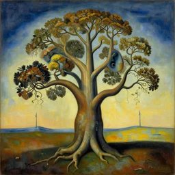 award-winning, Trending on artstation, highly detailed, cubist painting of a tree, in the style of Salvador Dalí