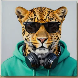 a photorealistic canvas painting of a leopard wearing black sunglasses, a teal green hoodie and headphones wrap his neck. hyper detailed. this 4 k hd image is trending on artstation, featured on behance, well - rendered, extra crisp, features intricate detail, epic composition and the style of unreal engine.
