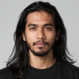 a very handsome malaysian guy with long black hair and a beard, sigma 8 5 mm, high quality, portrait photography