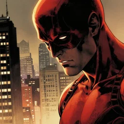 extremely hyperdetailed daredevil comic cover art by david mack, photorealism, close up, shadows, cityscape