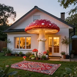 exterior of a house that looks like an amanita muscaria mushroom during sunset with soft lamp light, lots of plants rugs