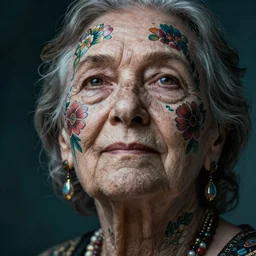 hyperrealistic hyper detailed close-up portrait of old woman covered in rococo flower tattoos matte painting concept art hannah yata very dramatic dark teal lighting low angle hd 8k sharp 35mm shallow depth of field