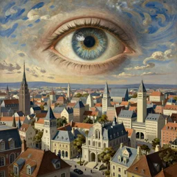 A painting of the city of the future with an all-seeing human eye in the sky by Francisco Goya, highly detailed, Romanticism